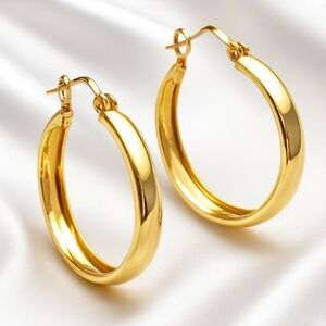 Women's Stylish Polished Gold tone Hoop Omega Back Earrings Closure 1.25-in Drop